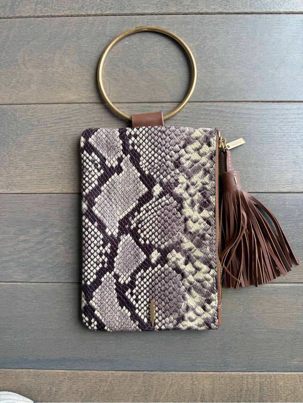 Snake-Print Wristlet Clutch with Tassel - Brown/Beige